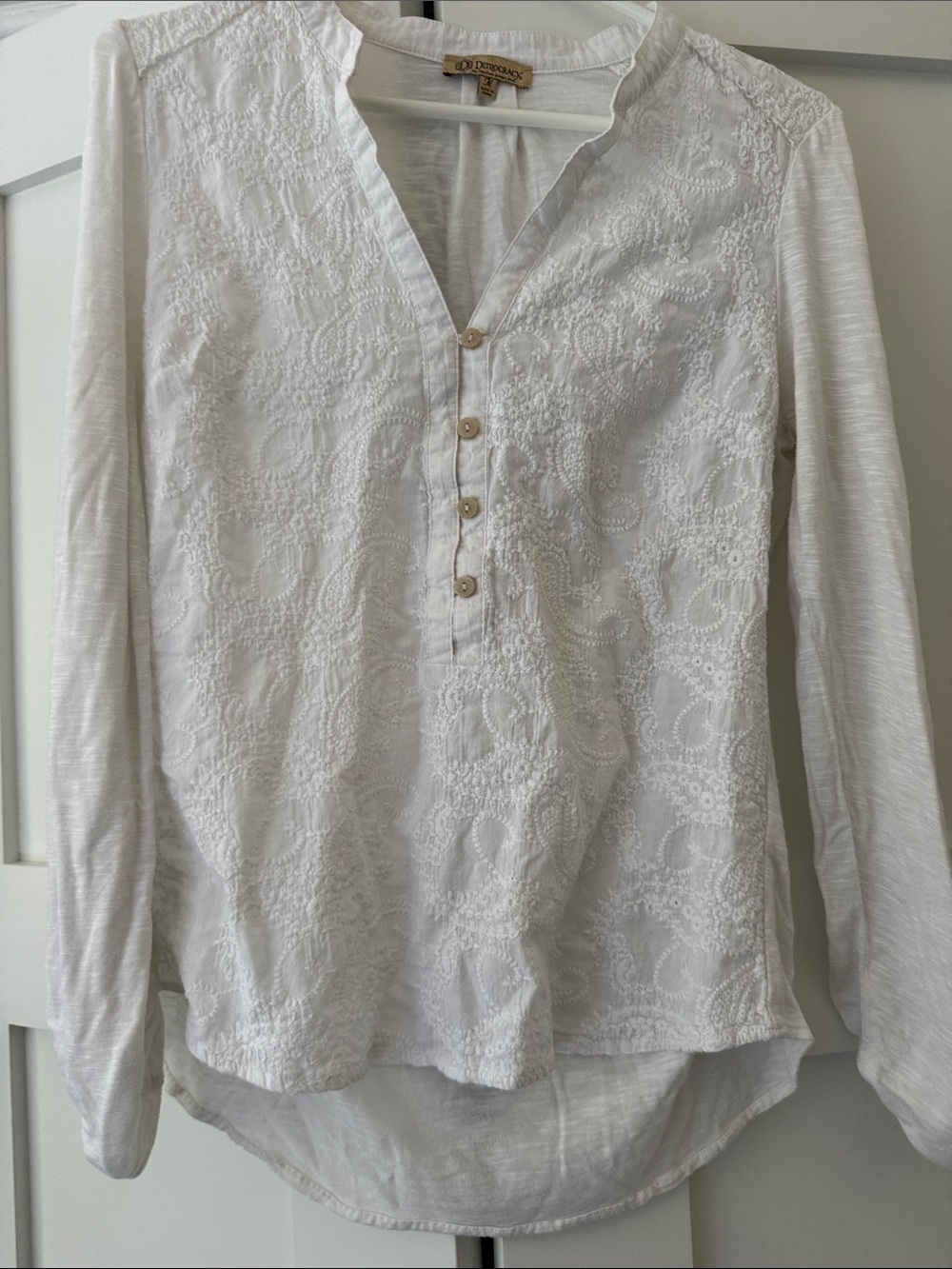 Democracy White Embroidered Long-Sleeve Henley Tee
